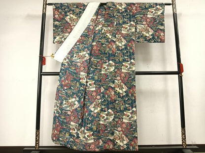 平和屋着物▽上質な小紋 単衣 型染め 切嵌風景花文 鬼しぼ縮緬 正絹 逸品 AABD0171fy
