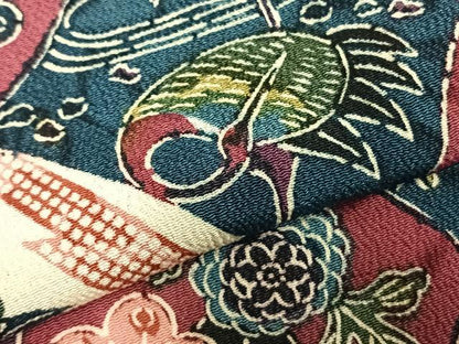 平和屋着物▽上質な小紋 単衣 型染め 切嵌風景花文 鬼しぼ縮緬 正絹 逸品 AABD0171fy