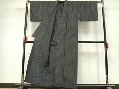 平和屋着物▽上質な紬　単衣　刺子　縞　黒地　正絹　逸品　AABD0172fy