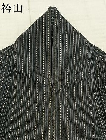 平和屋着物▽上質な紬　単衣　刺子　縞　黒地　正絹　逸品　AABD0172fy