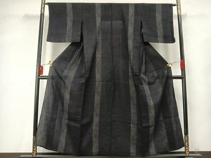 平和屋着物▽結城ちぢみ　単衣　80亀甲　間道　正絹　逸品　AABD0173fy