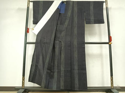 平和屋着物▽結城ちぢみ　単衣　80亀甲　間道　正絹　逸品　AABD0173fy