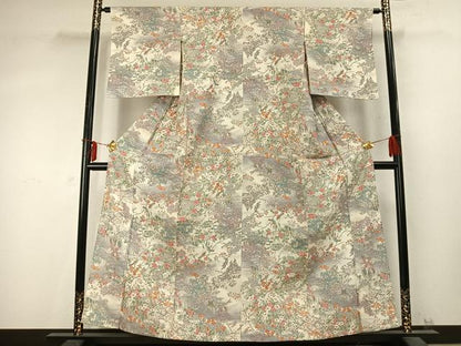平和屋着物▽上質な小紋 単衣 風景花鳥文 鬼しぼ縮緬 正絹 逸品 AABD0178fy