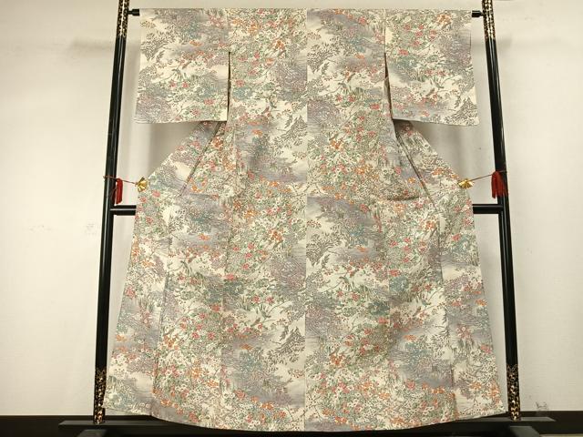 平和屋着物▽上質な小紋 単衣 風景花鳥文 鬼しぼ縮緬 正絹 逸品 AABD0178fy