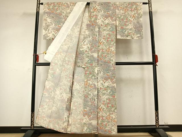 平和屋着物▽上質な小紋 単衣 風景花鳥文 鬼しぼ縮緬 正絹 逸品 AABD0178fy
