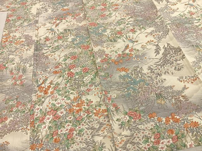 平和屋着物▽上質な小紋 単衣 風景花鳥文 鬼しぼ縮緬 正絹 逸品 AABD0178fy