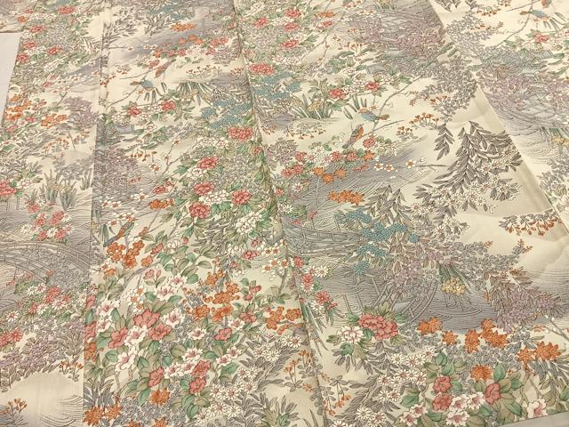 平和屋着物▽上質な小紋 単衣 風景花鳥文 鬼しぼ縮緬 正絹 逸品 AABD0178fy