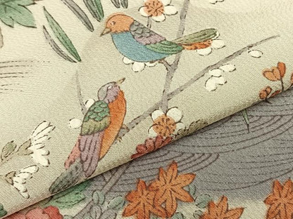 平和屋着物▽上質な小紋 単衣 風景花鳥文 鬼しぼ縮緬 正絹 逸品 AABD0178fy