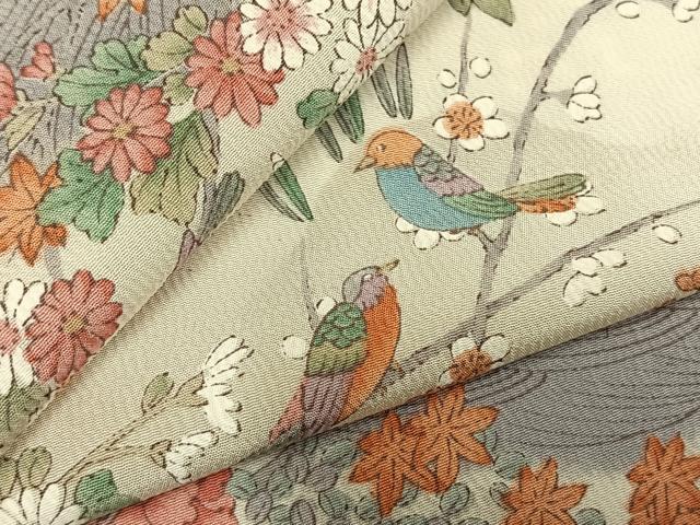 平和屋着物▽上質な小紋 単衣 風景花鳥文 鬼しぼ縮緬 正絹 逸品 AABD0178fy