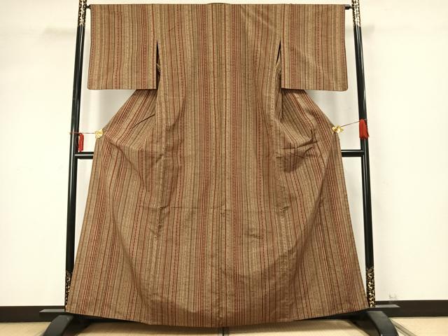 平和屋着物▽上質な紬 単衣 縞 正絹 逸品 AABD0179fy