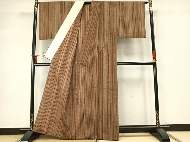 平和屋着物▽上質な紬 単衣 縞 正絹 逸品 AABD0179fy