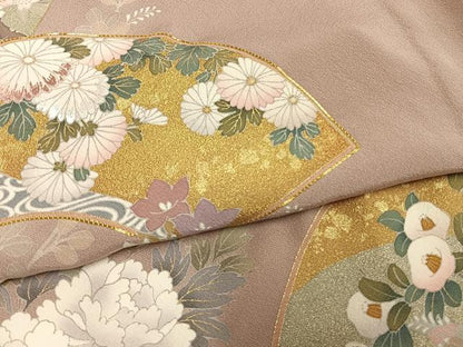 平和屋着物▽豪華色留袖 単衣 駒刺繍 扇面花文 金彩 正絹 逸品 AABD0181fy