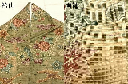 平和屋着物▽上質な小紋 単衣 紬地 型染め 花鳥文 正絹 逸品 AABD0186fy