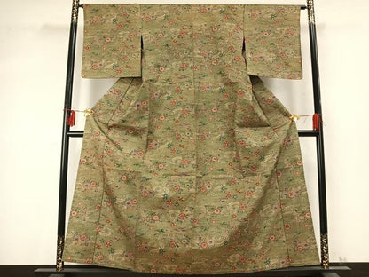 平和屋着物▽上質な小紋 単衣 紬地 型染め 花鳥文 正絹 逸品 AABD0186fy