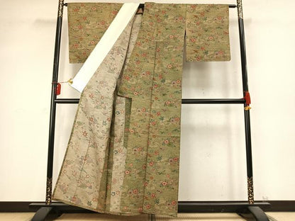 平和屋着物▽上質な小紋 単衣 紬地 型染め 花鳥文 正絹 逸品 AABD0186fy