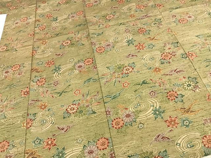 平和屋着物▽上質な小紋 単衣 紬地 型染め 花鳥文 正絹 逸品 AABD0186fy