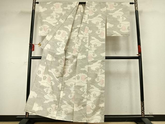 平和屋着物▽本塩沢 単衣 雲取り花文 正絹 逸品 未使用 AABD0187fy