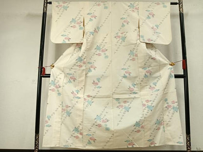 平和屋着物▽上質な紬 単衣 草花文 正絹 逸品 AABD0188fy