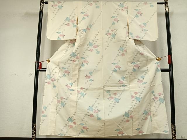 平和屋着物▽上質な紬 単衣 草花文 正絹 逸品 AABD0188fy