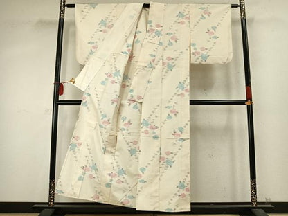 平和屋着物▽上質な紬 単衣 草花文 正絹 逸品 AABD0188fy