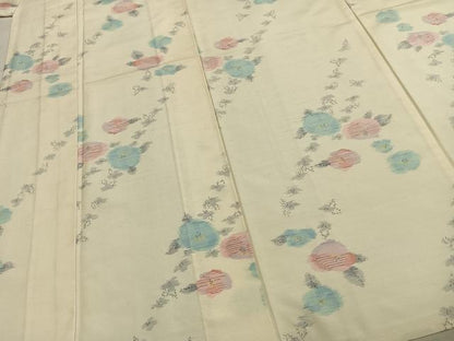 平和屋着物▽上質な紬 単衣 草花文 正絹 逸品 AABD0188fy