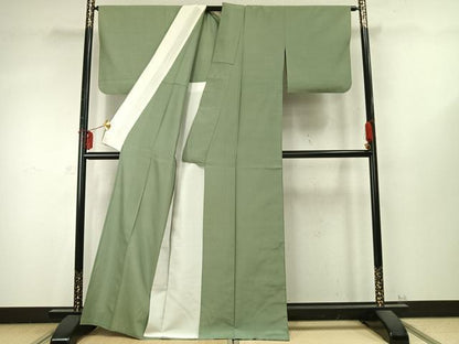 平和屋着物▽上質な紬 単衣 色無地 山葵色 正絹 逸品 AABD0190fy