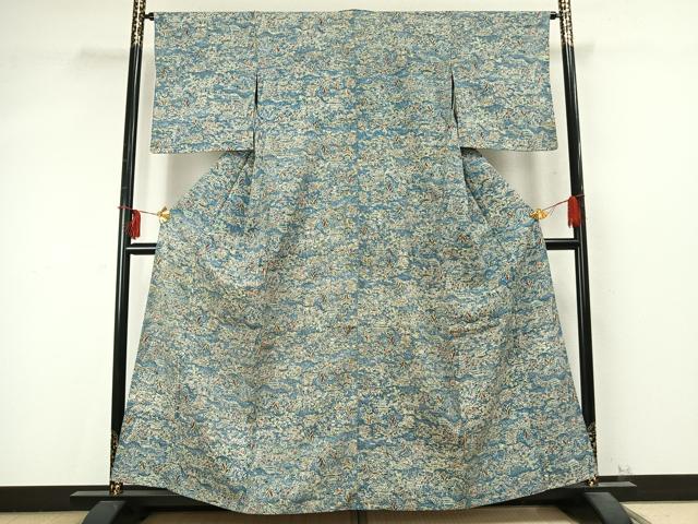 平和屋着物▽上質な小紋 単衣 型染め 風景花文 正絹 逸品 AABD0193fy