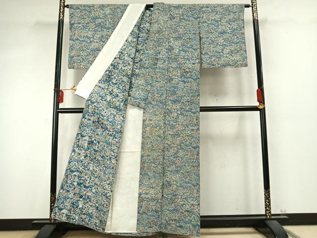平和屋着物▽上質な小紋 単衣 型染め 風景花文 正絹 逸品 AABD0193fy