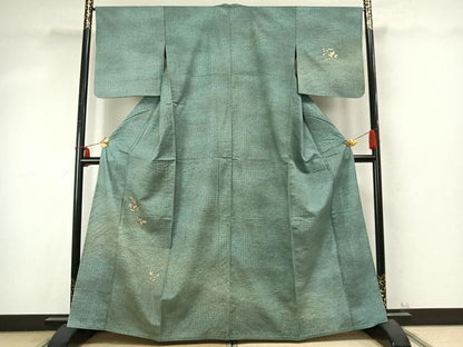 平和屋着物▽訪問着 単衣 紬地 総刺繍 草花文 暈し染め 金銀糸 金彩 正絹 逸品 AABD0194fy