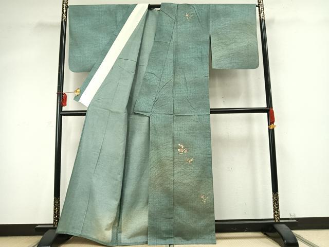 平和屋着物▽訪問着 単衣 紬地 総刺繍 草花文 暈し染め 金銀糸 金彩 正絹 逸品 AABD0194fy