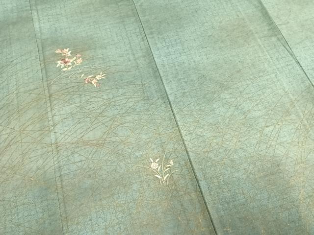 平和屋着物▽訪問着 単衣 紬地 総刺繍 草花文 暈し染め 金銀糸 金彩 正絹 逸品 AABD0194fy
