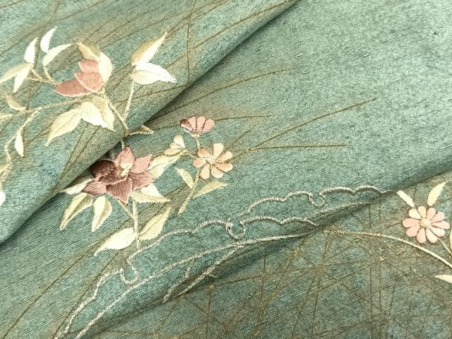 平和屋着物▽訪問着 単衣 紬地 総刺繍 草花文 暈し染め 金銀糸 金彩 正絹 逸品 AABD0194fy