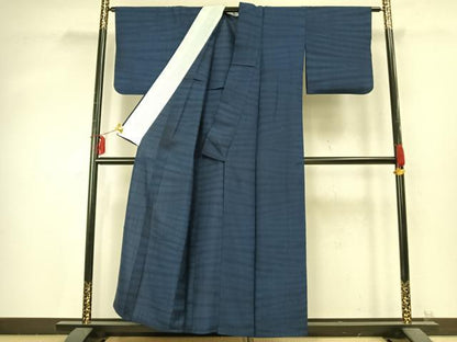 平和屋着物▽上質な紬 単衣 藍 横縞 正絹 逸品 AABD0195fy