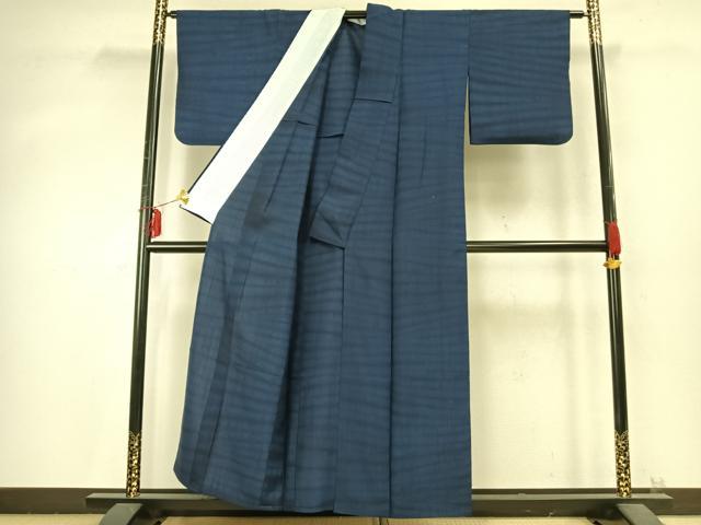平和屋着物▽上質な紬 単衣 藍 横縞 正絹 逸品 AABD0195fy