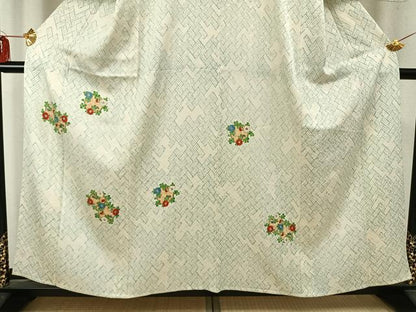 平和屋着物▽訪問着　単衣　檜垣草花丸文　正絹　逸品　AABD0197fy