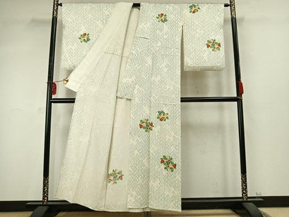 平和屋着物▽訪問着　単衣　檜垣草花丸文　正絹　逸品　AABD0197fy