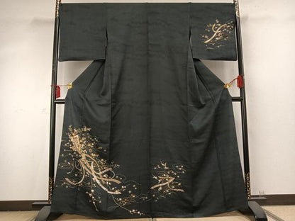 平和屋着物▽訪問着 単衣 駒刺繍 雲取り熨斗花文 黒地 金彩 正絹 逸品 AABD0200fy
