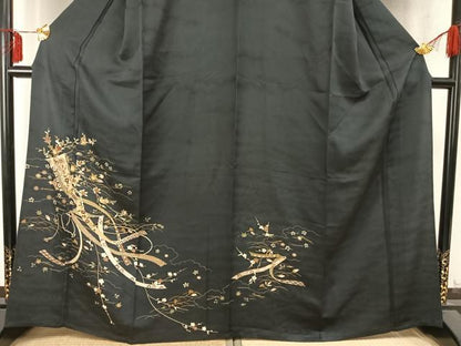 平和屋着物▽訪問着 単衣 駒刺繍 雲取り熨斗花文 黒地 金彩 正絹 逸品 AABD0200fy