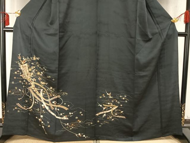 平和屋着物▽訪問着 単衣 駒刺繍 雲取り熨斗花文 黒地 金彩 正絹 逸品 AABD0200fy