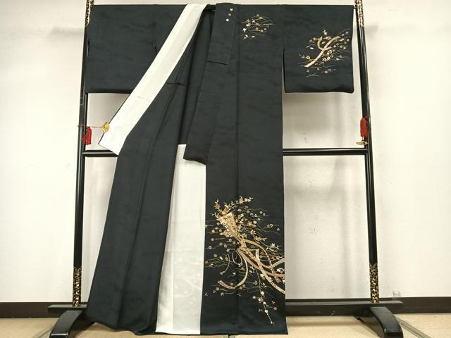平和屋着物▽訪問着 単衣 駒刺繍 雲取り熨斗花文 黒地 金彩 正絹 逸品 AABD0200fy