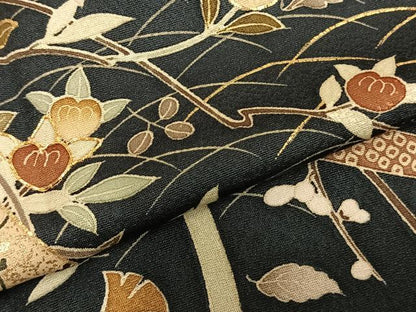 平和屋着物▽訪問着 単衣 駒刺繍 雲取り熨斗花文 黒地 金彩 正絹 逸品 AABD0200fy
