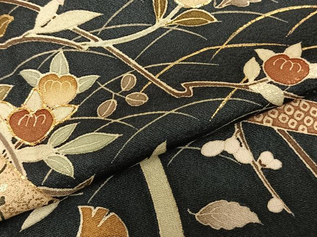 平和屋着物▽訪問着 単衣 駒刺繍 雲取り熨斗花文 黒地 金彩 正絹 逸品 AABD0200fy