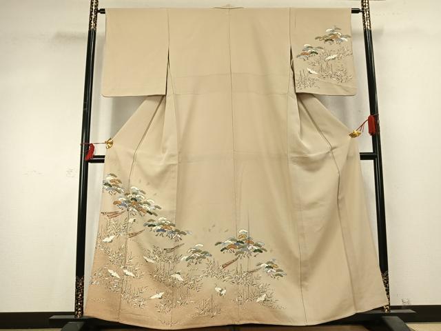 平和屋着物▽訪問着 単衣 飛鶴松文 金糸 金彩 正絹 逸品 AABD0201fy