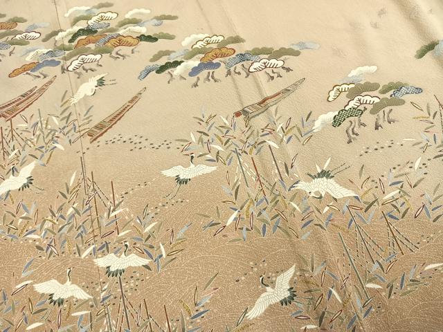 平和屋着物▽訪問着 単衣 飛鶴松文 金糸 金彩 正絹 逸品 AABD0201fy