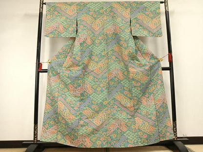 平和屋着物▽小紋　単衣　草花文　洗える着物　AABD0204fy