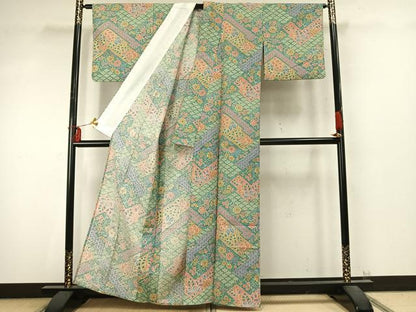 平和屋着物▽小紋　単衣　草花文　洗える着物　AABD0204fy