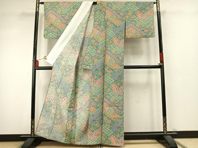 平和屋着物▽小紋　単衣　草花文　洗える着物　AABD0204fy