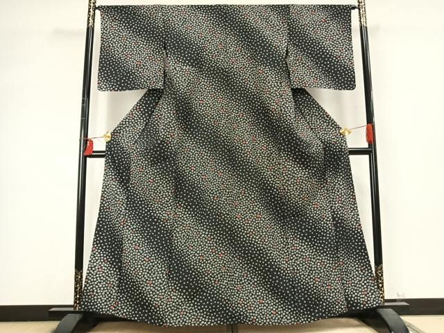 平和屋着物▽小紋 単衣 花尽くし 黒地 洗える着物 AABD0207fy