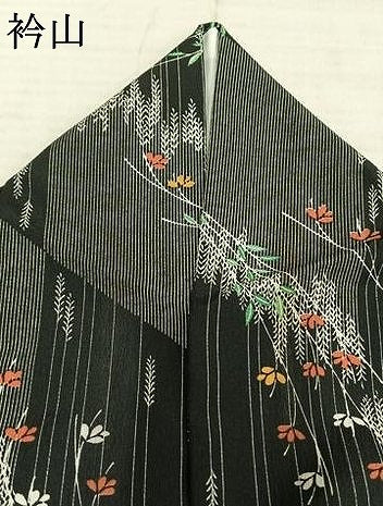 平和屋着物▽小紋　単衣　草花文　黒地　洗える着物　AABD0208fy