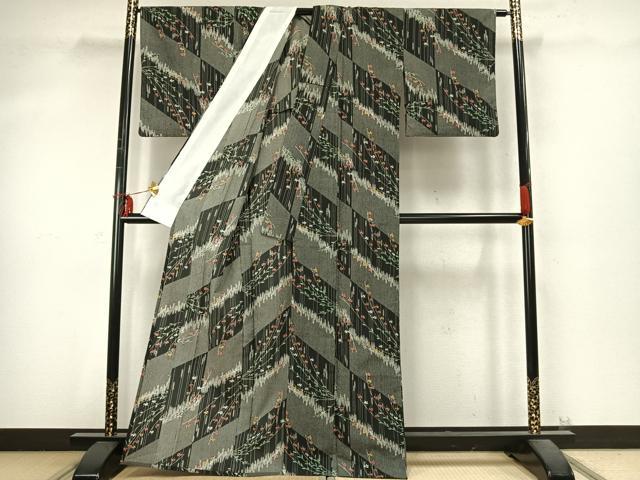 平和屋着物▽小紋　単衣　草花文　黒地　洗える着物　AABD0208fy